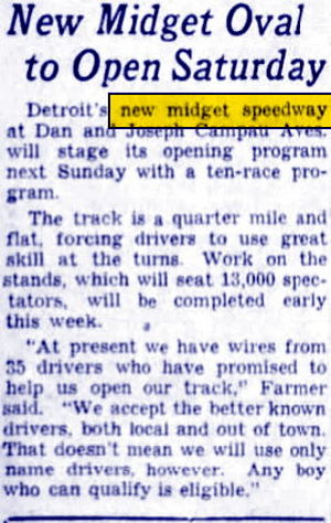 New Midget Speedway - May 1938 Opening Ad